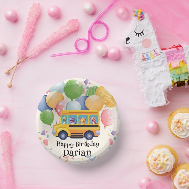 Funny dinosaur Back To School Bus Balloon Birthday Paper Plate (Party)