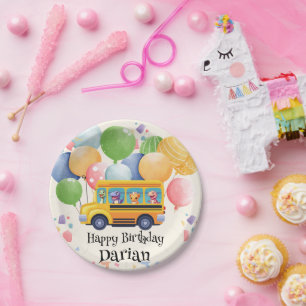 Funny dinosaur Back To School Bus Balloon Birthday Paper Plate