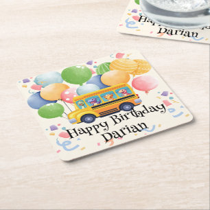 Funny dinosaur Back To School Bus Balloon Birthday Square Paper Coaster