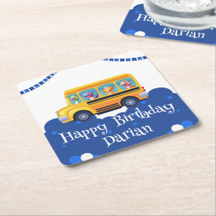 Funny dinosaur Back To School Bus Balloon Birthday Square Paper Coaster