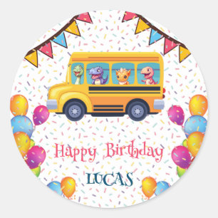 Funny dinosaur Back To School Bus boy Birthday Classic Round Sticker