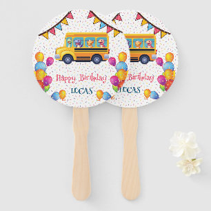 Funny dinosaur Back To School Bus boy Birthday Hand Fan