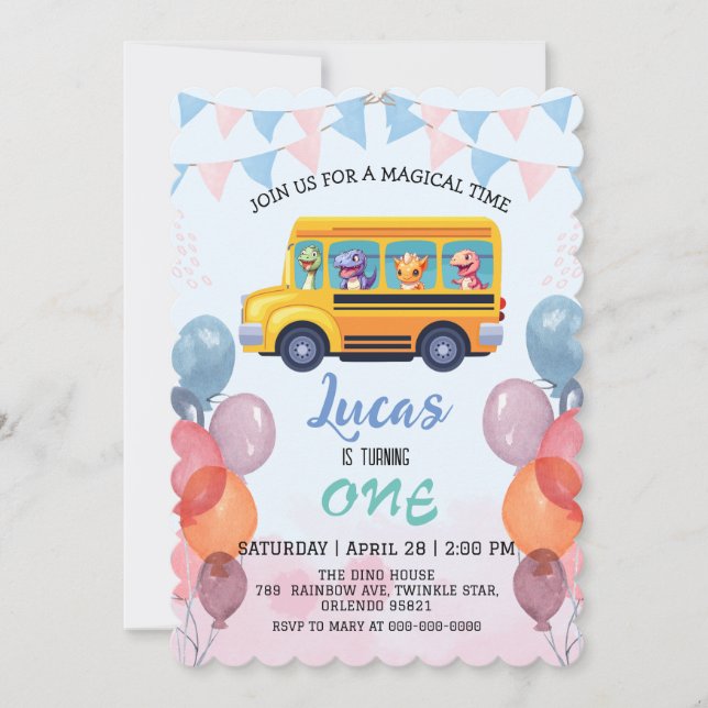 Funny dinosaur Back To School Bus boy Birthday  Invitation (Front)