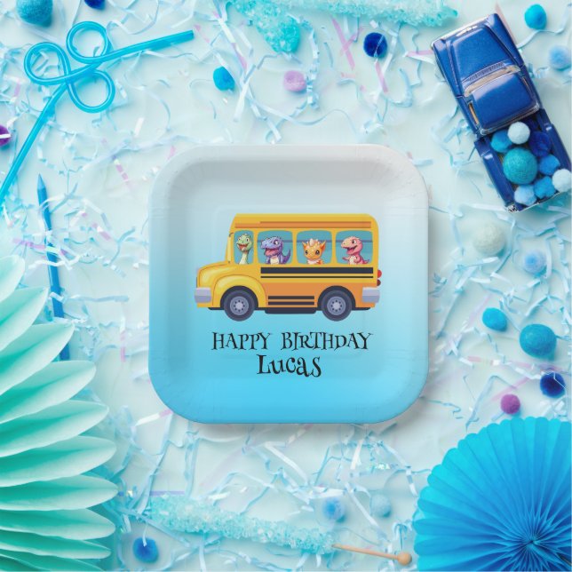 Funny dinosaur Back To School Bus boy Birthday  Paper Plate (Party)