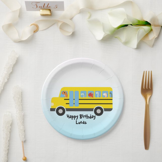 Funny dinosaur Back To School Bus boy Birthday Paper Plate (Wedding)