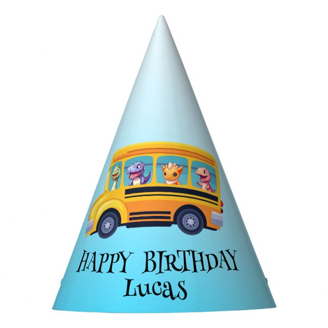 Funny dinosaur Back To School Bus boy Birthday  Party Hat (Front)