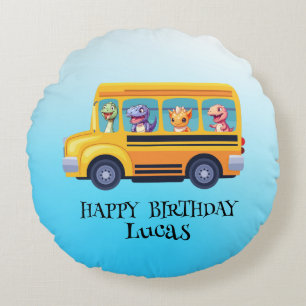 Funny dinosaur Back To School Bus boy Birthday Round Cushion
