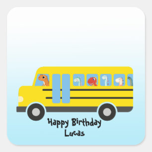 Funny dinosaur Back To School Bus boy Birthday Square Sticker