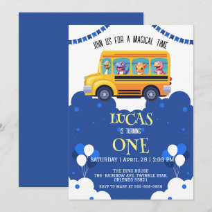 Funny dinosaur Back To School Bus boy kid Birthday Save The Date