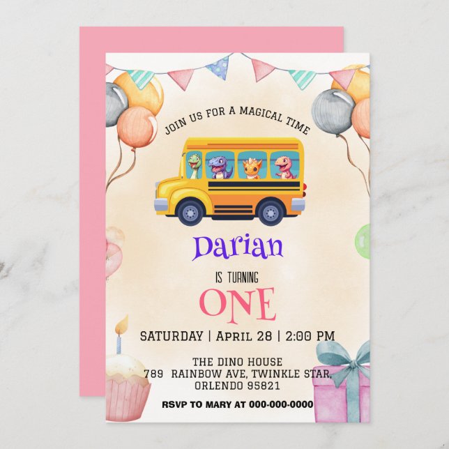 Funny dinosaur Back To School Bus cake Birthday Save The Date (Front/Back)