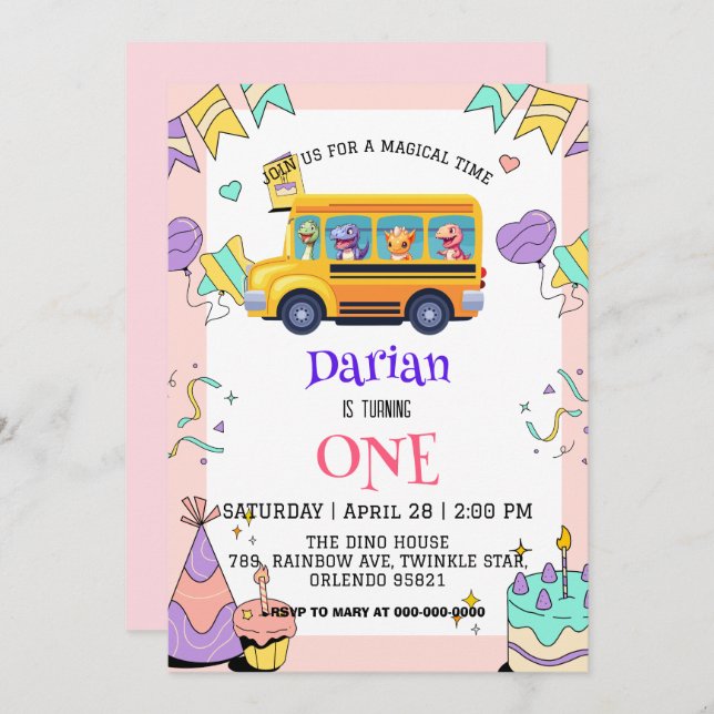 Funny dinosaur Back To School Bus cake Birthday Save The Date (Front/Back)