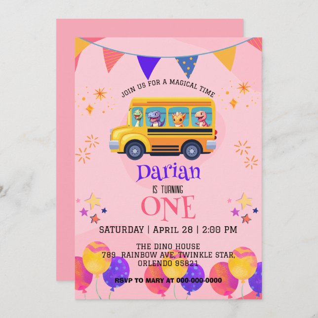 Funny dinosaur Back To School Bus girls Birthday Save The Date (Front/Back)