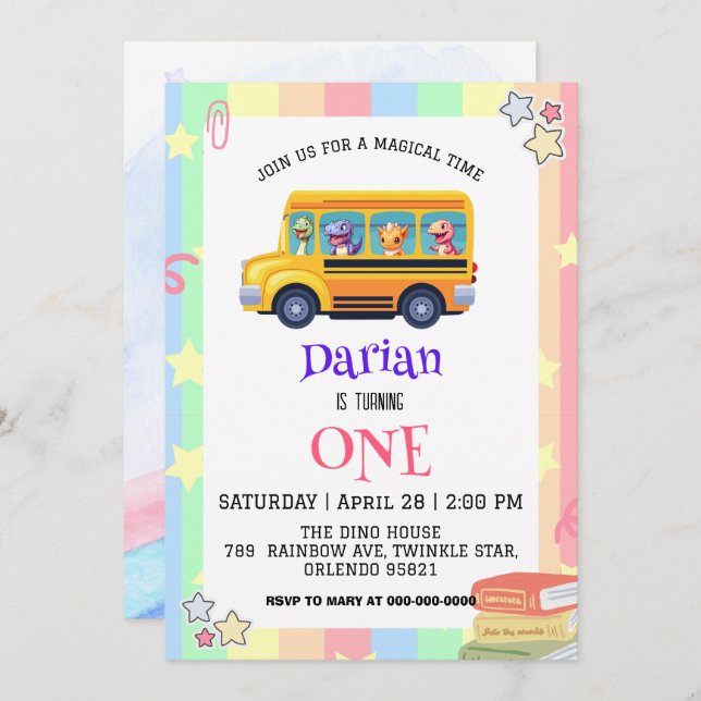 Funny dinosaur Back To School Bus Rainbow Birthday Save The Date (Front/Back)