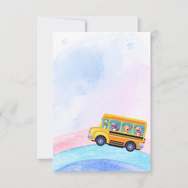 Funny dinosaur Back To School Bus Rainbow Birthday Thank You Card (Back)