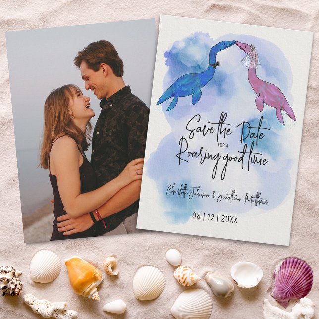 Funny Dinosaur Beach Wedding Photo Save The Date (Funny save the date for a roaring good time dinosaur beach wedding)