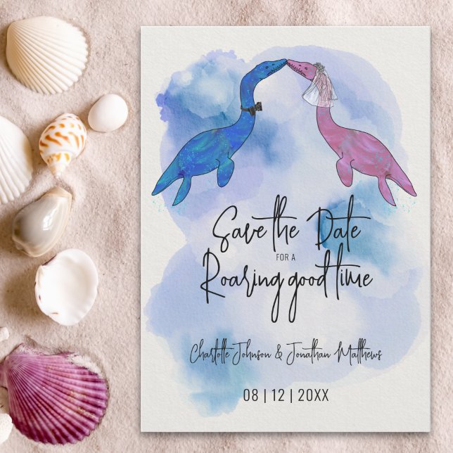 Funny Dinosaur Beach Wedding Save The Date (Funny save the date for a roaring good time dinosaur wedding Watercolor beach wedding)