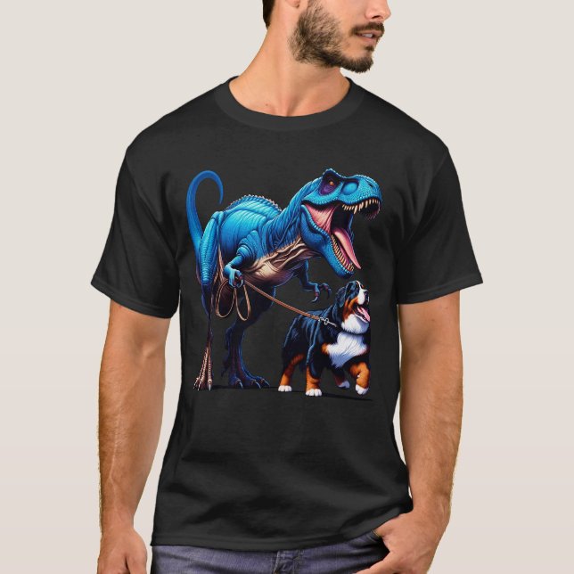 Funny Dinosaur Bernese Mountain Dog Walking Dog T-Shirt (Front)