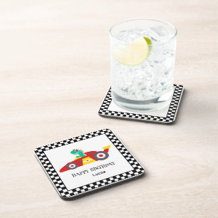 Funny Dinosaur Birthday racing car boy kids name Coaster