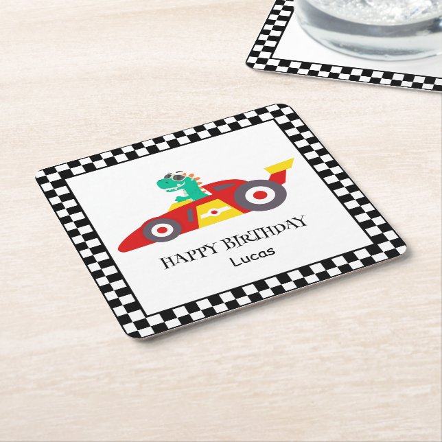 Funny Dinosaur Birthday racing car boy kids name Square Paper Coaster (Angled)