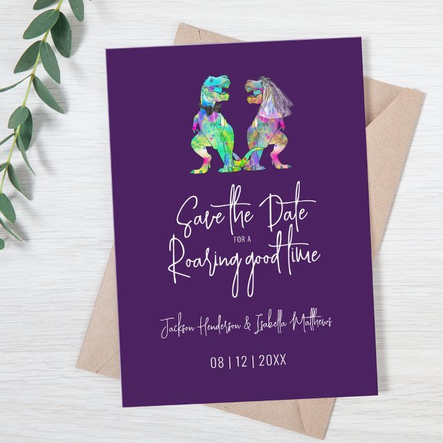 Funny Dinosaur Bride and Groom Wedding Save The Date (Fun dinosaur wedding save the date invitation with colorful T-Rex bride and groom dino watercolors)