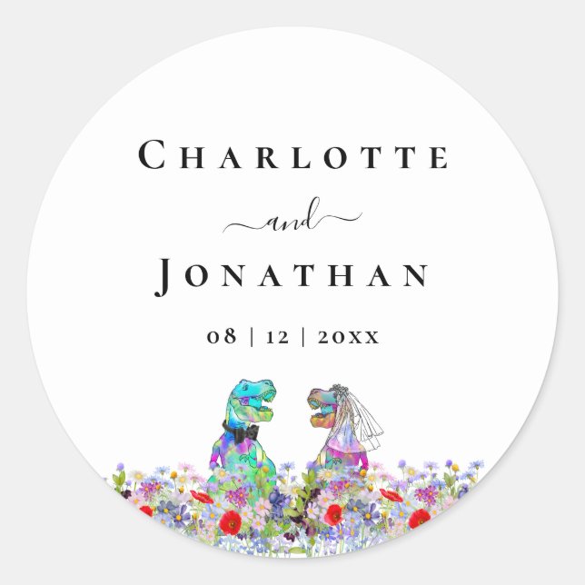 Funny Dinosaur Bride & Groom Custom Wedding Classic Round Sticker (Front)