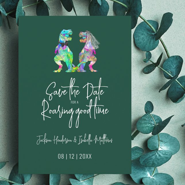 Funny Dinosaur Bride & Groom Green Wedding Save The Date (Funny Dinosaur wedding save the date for a roaring good time Invitation T-Rex bride and groom)