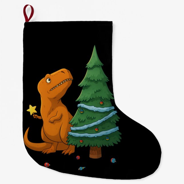 Funny Dinosaur Christmas – Cute T-Rex Holiday Large Christmas Stocking (Front)