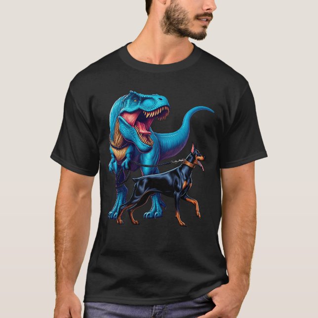 Funny Dinosaur Doberman Pinscher Walking Dog Lover T-Shirt (Front)