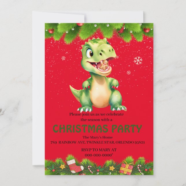 Funny Dinosaur eat gingerbread cookies Christmas  Invitation (Front)