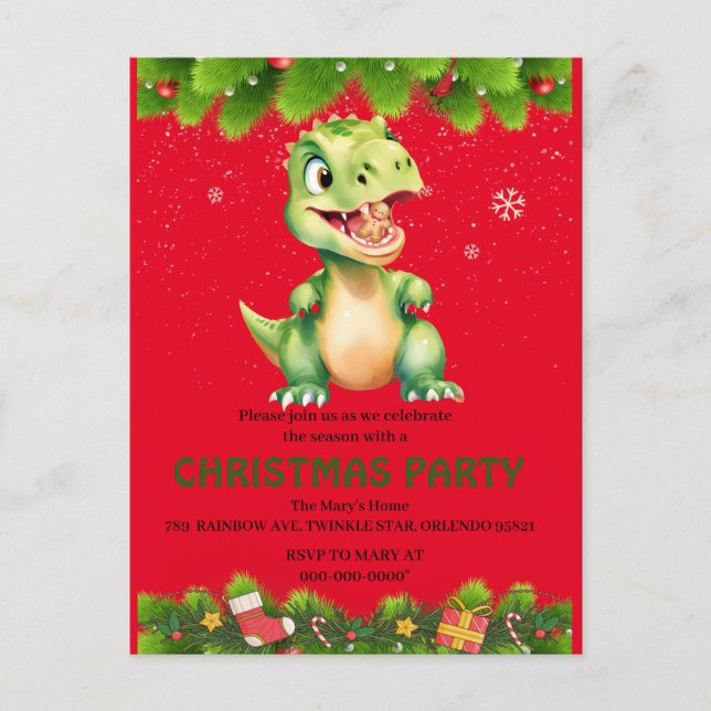 Funny Dinosaur eat gingerbread cookies Christmas  Invitation Postcard (Front)