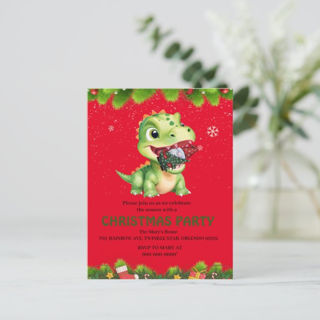 Funny Dinosaur eat Gnome Christmas tree party gift Invitation Postcard (Standing Front)