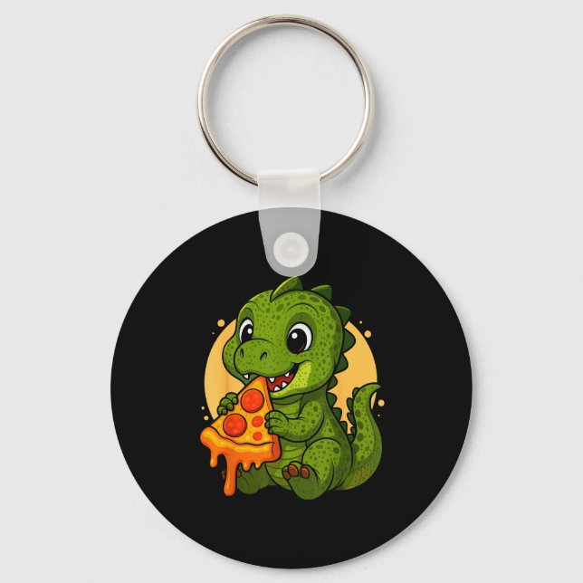 Funny Dinosaur Eating Zza Graphic Boys Girls Dinos Key Ring (Front)