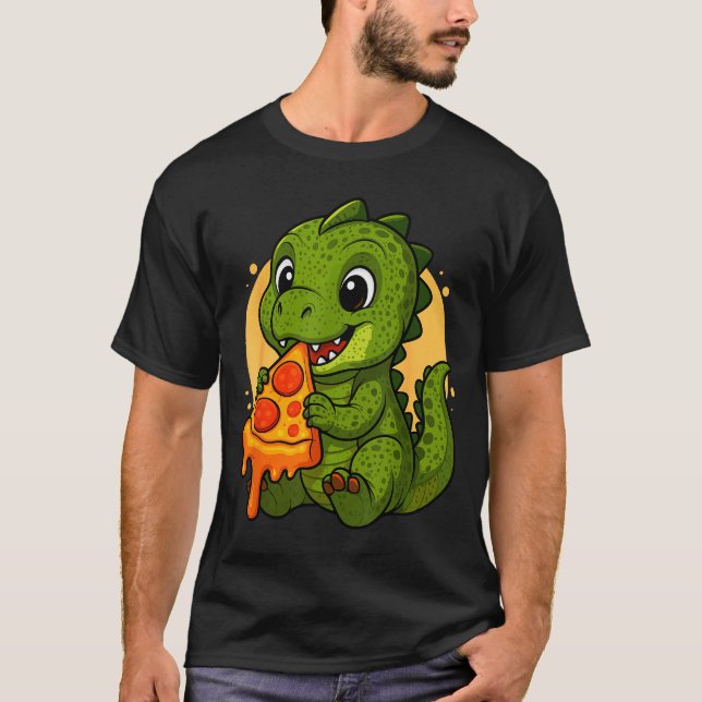 Funny Dinosaur Eating Zza Graphic Boys Girls Dinos T-Shirt (Front)