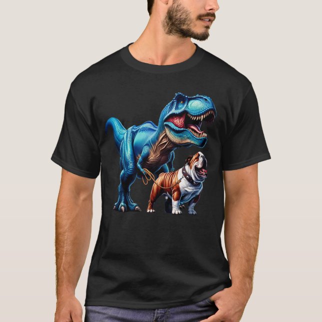 Funny Dinosaur English Bulldog Walking Dog Lover T-Shirt (Front)