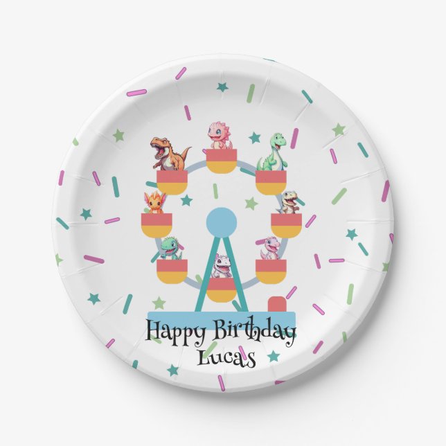 Funny dinosaur Ferris wheel Birthday party DIY Nam Paper Plate (Front)