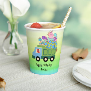 Funny dinosaur Garbage truck Birthday party boys Paper Cups