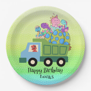 Funny dinosaur Garbage truck Birthday party boys Paper Plate