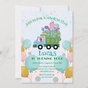 Funny dinosaur Garbage truck Birthday party Name Holiday Card