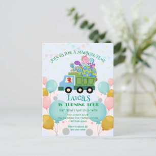 Funny dinosaur Garbage truck Birthday party Name Postcard