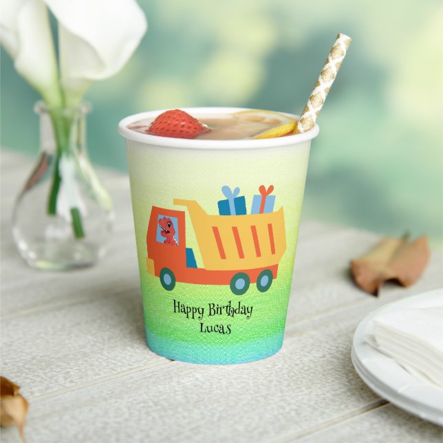 Funny dinosaur gifts truck Birthday party DIY Name Paper Cups (Insitu)
