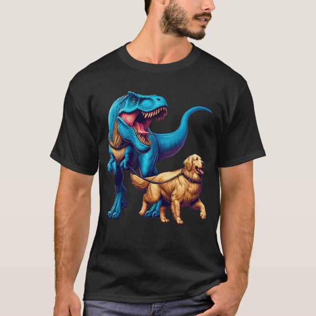Funny Dinosaur Golden Retriever Walking Dog Lover T-Shirt (Front)