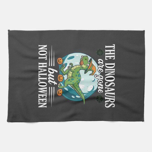Funny Dinosaur Halloween Witch Graphic Tea Towel (Horizontal)