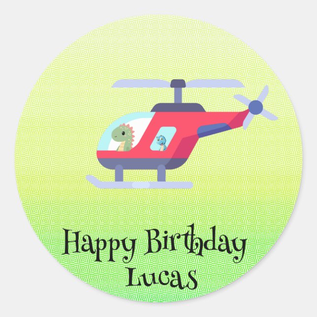 Funny dinosaur Helicopter Birthday party DIY Name Classic Round Sticker (Front)