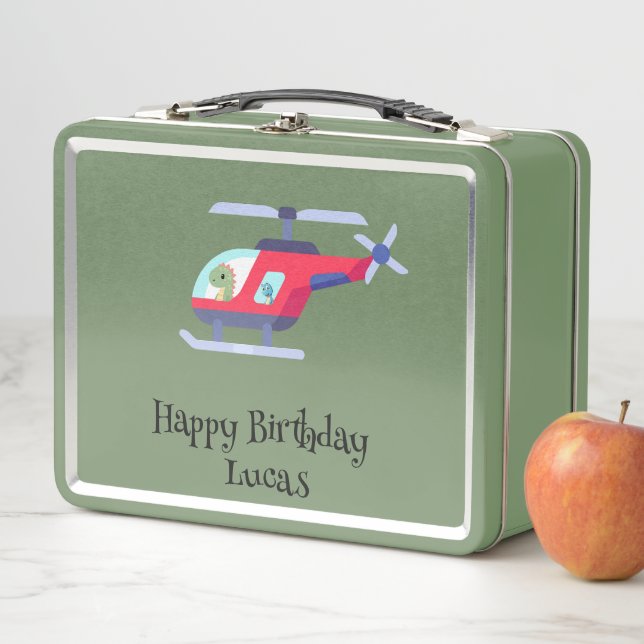 Funny dinosaur Helicopter Birthday party DIY Name Metal Lunch Box (In Situ)