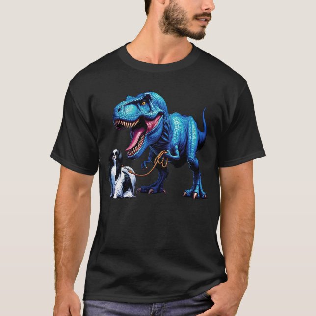Funny Dinosaur Japanese Chin Walking Dog Lover T-Shirt (Front)