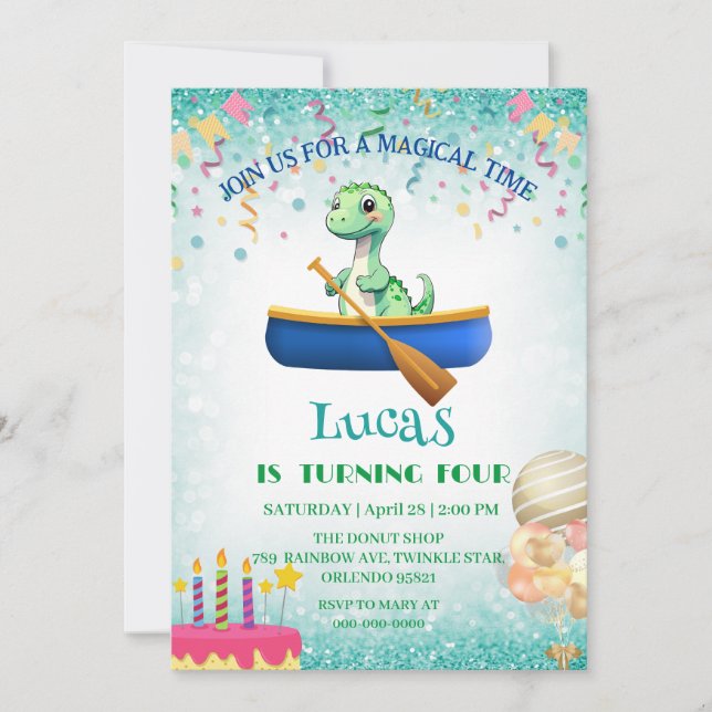 Funny dinosaur Kayak Kids Birthday party DIY Name  Invitation (Front)