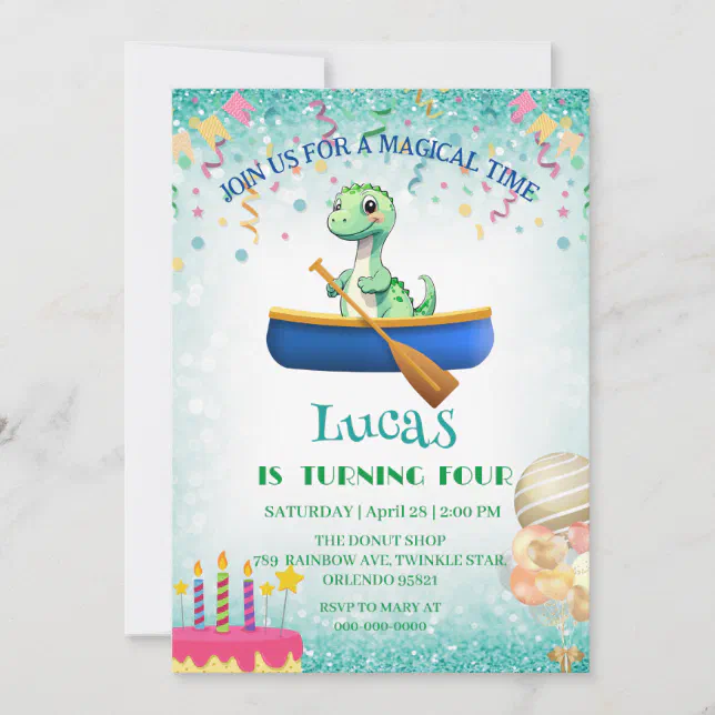 Funny dinosaur Kayak Kids Birthday party DIY Name Invitation | Zazzle