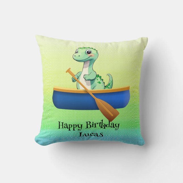 Funny dinosaur Kayak sailing Birthday party Cushion (Front)