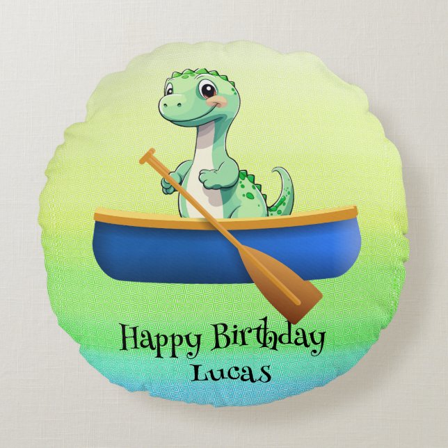 Funny dinosaur Kayak sailing Birthday party Round Cushion (Front)