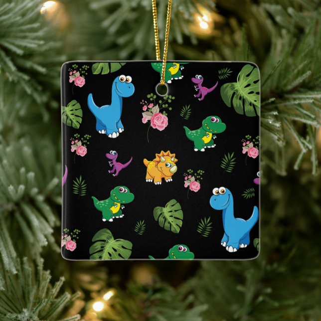 Funny Dinosaur, leaves Ceramic Ornament (Tree)